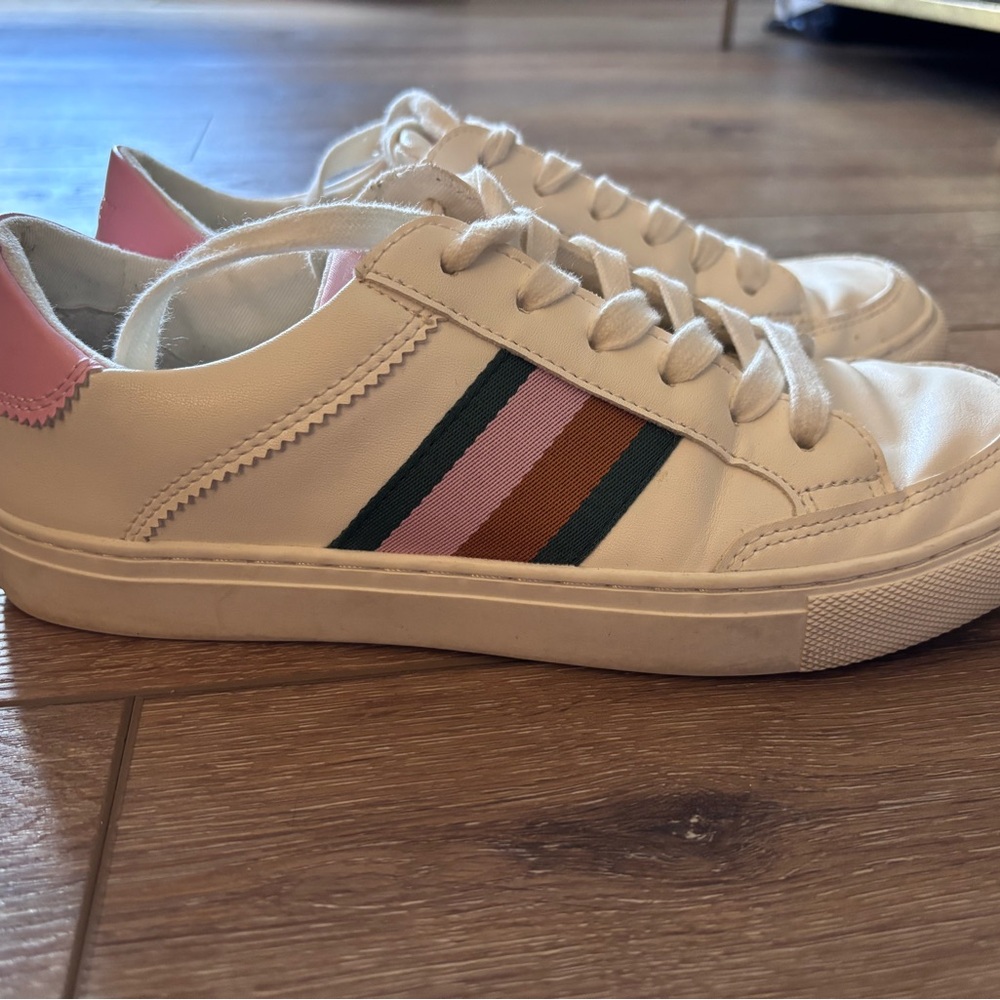 J. Crew White Sneakers with Pink, Green, and Brown Stripes